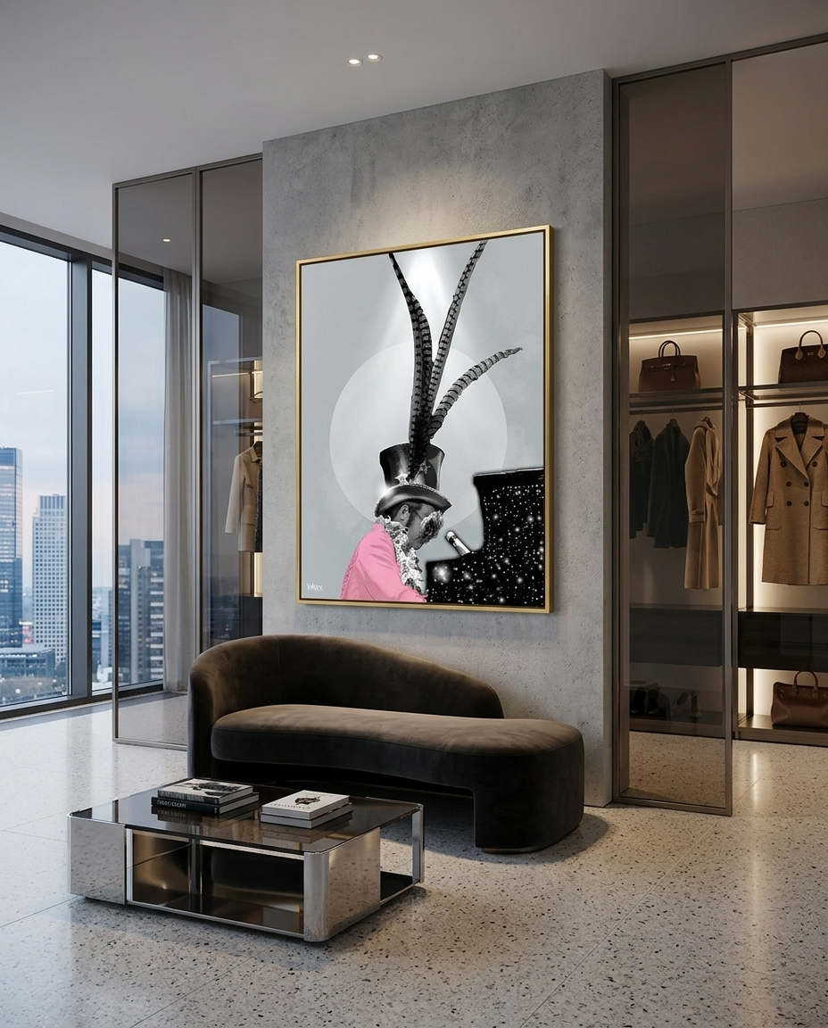 Modern Elton John inspired canvas print by Henrix displayed in a designer living room with dark curved sofa and luxury closet backdrop.