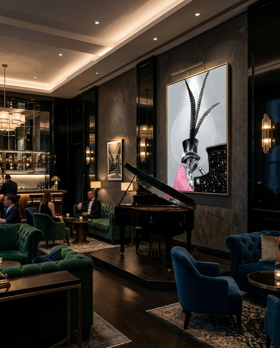 Elton John piano inspired wall art by Henrix featured inside an upscale luxury jazz lounge with grand piano and moody lighting.