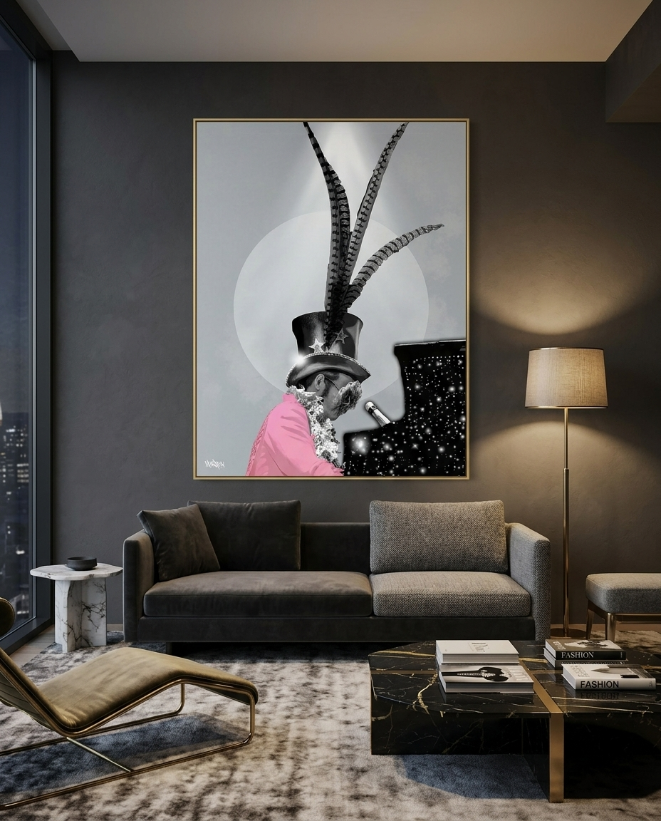 Elton John inspired canvas print by Henrix displayed in a luxury fashion inspired penthouse interior with modern furniture and soft neutral tones.