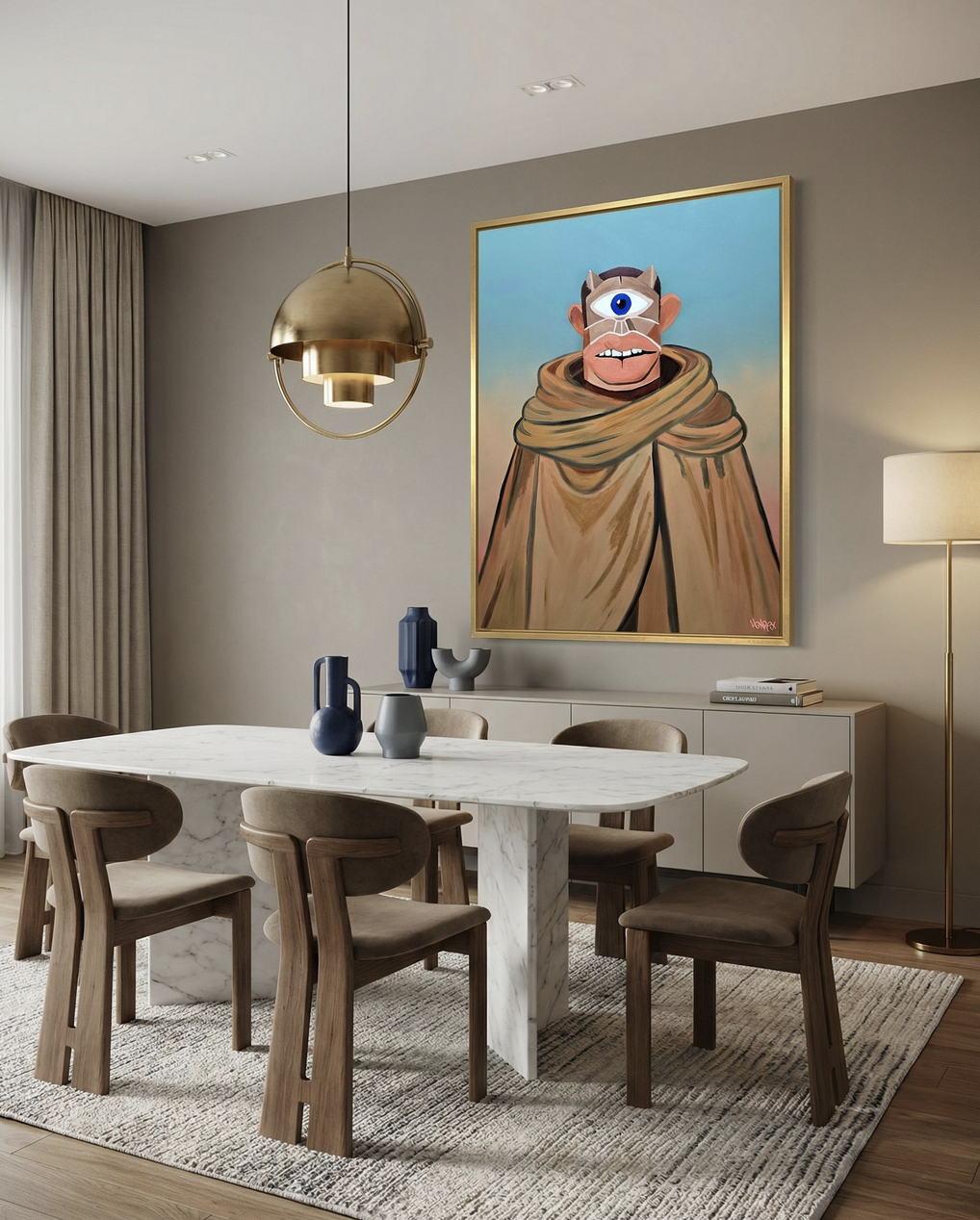 Surreal portrait by Henrix titled Nyros, showing a figure with a single eye, and layered tan fabric.