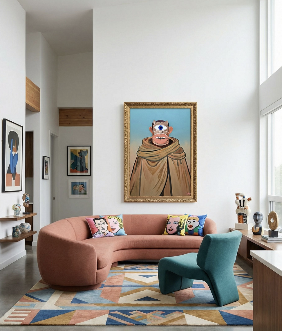 Surreal portrait by Henrix titled Nyros, showing a figure with a single eye, and layered tan fabric.