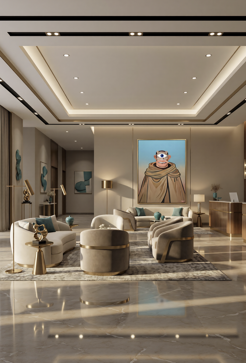 Surreal portrait by Henrix titled Nyros, showing a figure with a single eye, and layered tan fabric.