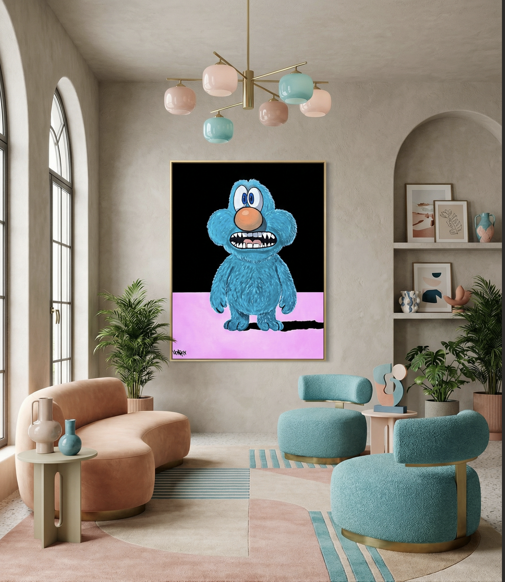 Tiny by Henrix, an expressive blue character inspired by the artist’s first dog, painted with oil, spray, and acrylic on canvas.