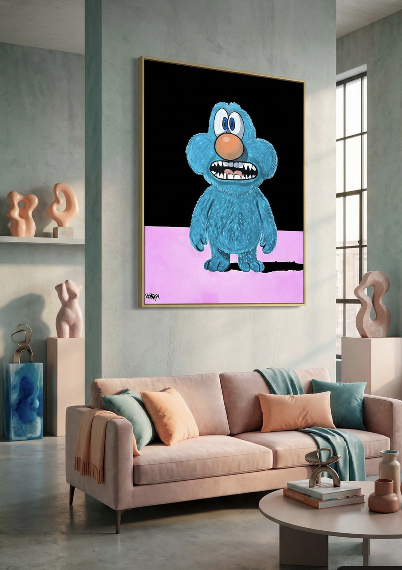 Tiny by Henrix, an expressive blue character inspired by the artist’s first dog, painted with oil, spray, and acrylic on canvas.