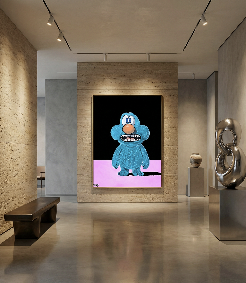 Tiny by Henrix, an expressive blue character inspired by the artist’s first dog, painted with oil, spray, and acrylic on canvas
