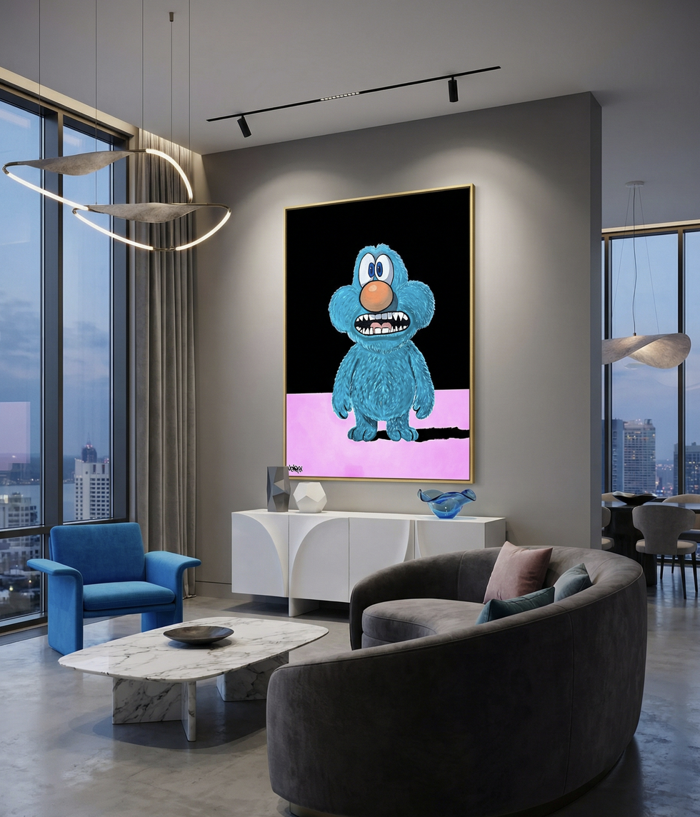 Tiny by Henrix, an expressive blue character inspired by the artist’s first dog, painted with oil, spray, and acrylic on canvas