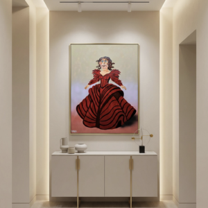 Czarine original painting by Miami artist Henrix – oil acrylic and spray paint on canvas, dark queen in crimson gown, Phantasia series 2026