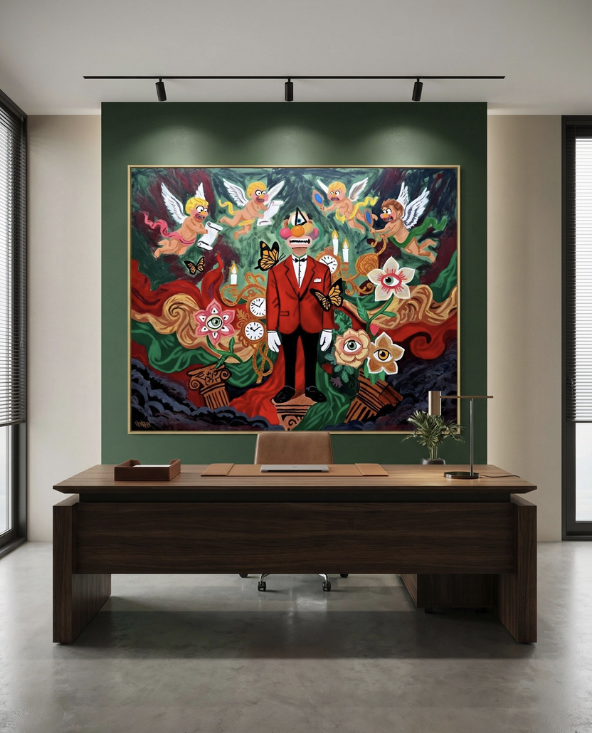 Cyrix by Henrix features a bold red cyclops figure surrounded by angels and floral elements.
