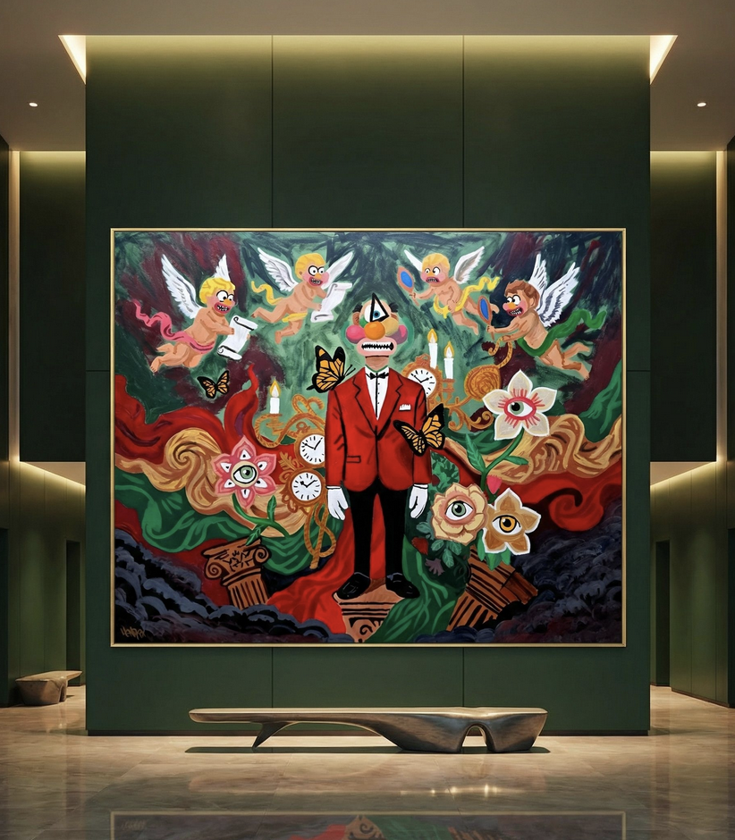 Cyrix by Henrix features a bold red cyclops figure surrounded by angels and floral elements.