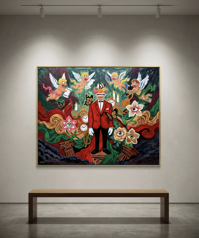 Cyrix by Henrix features a bold red cyclops figure surrounded by angels and floral elements.