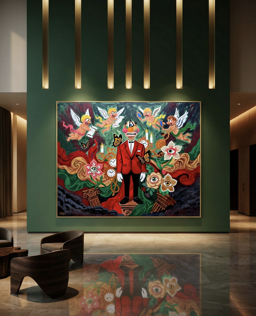 Cyrix by Henrix features a bold red cyclops figure surrounded by angels and floral elements.
