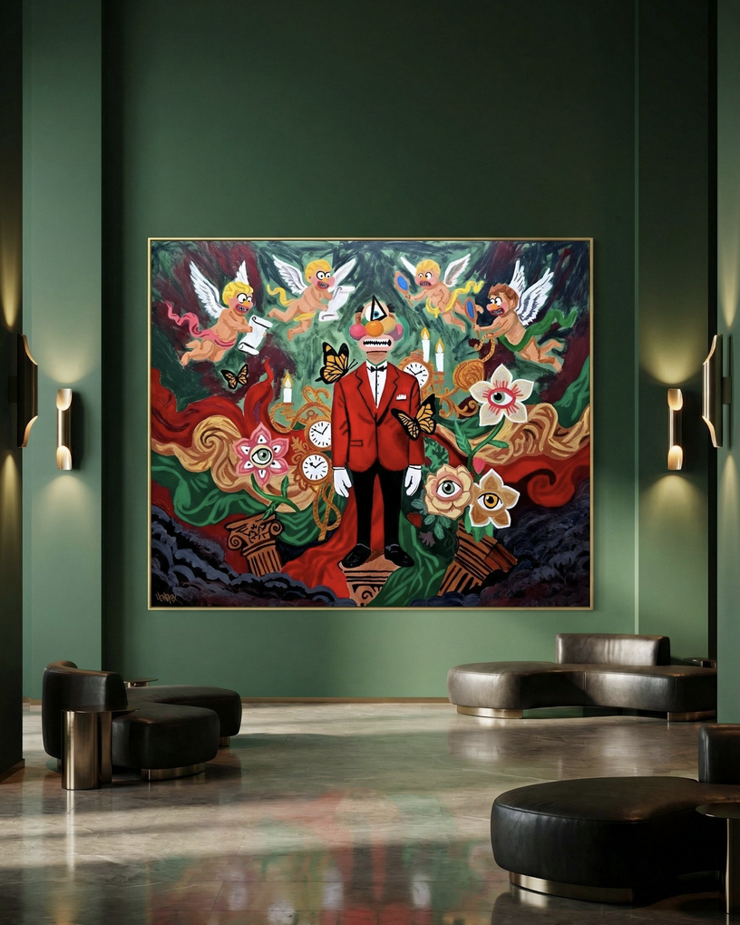 Cyrix by Henrix features a bold red cyclops figure surrounded by angels and floral elements.
