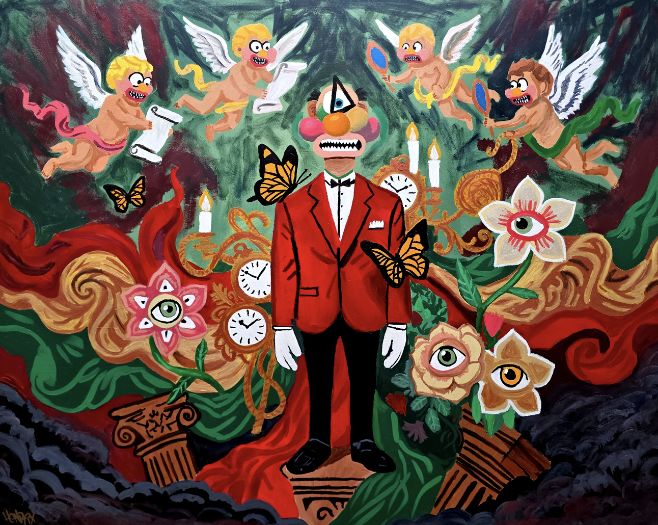 Cyrix by Henrix features a bold red cyclops figure surrounded by angels and floral elements.