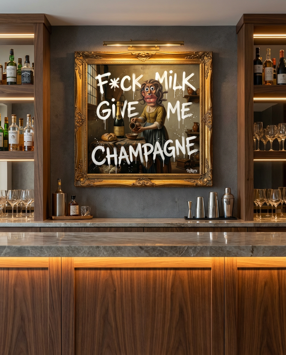Give Me Champagne canvas print by Henrix featuring Czarine displayed in modern home bar setting