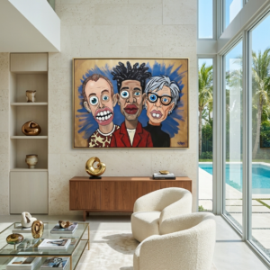 1985 Basquiat Warhol Haring painting by Henrix – full artwork view featuring three iconic artists in bold pop art style