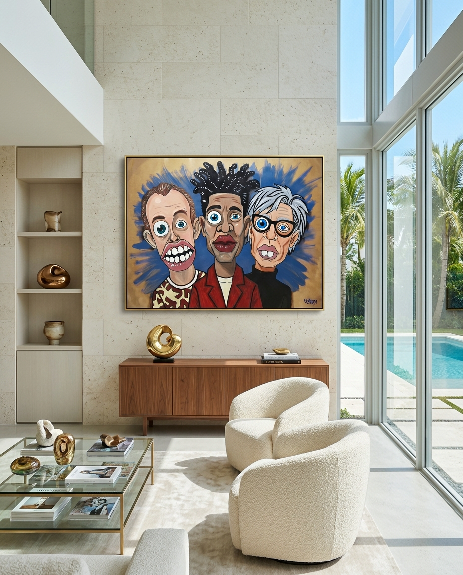 1985 Basquiat Warhol Haring painting by Henrix – full artwork view featuring three iconic artists in bold pop art style