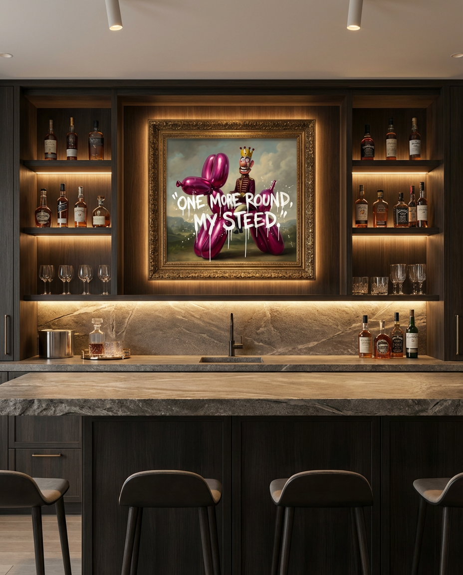 One More Round My Steed canvas print by Henrix part of Mutants series displayed in nightclub environment