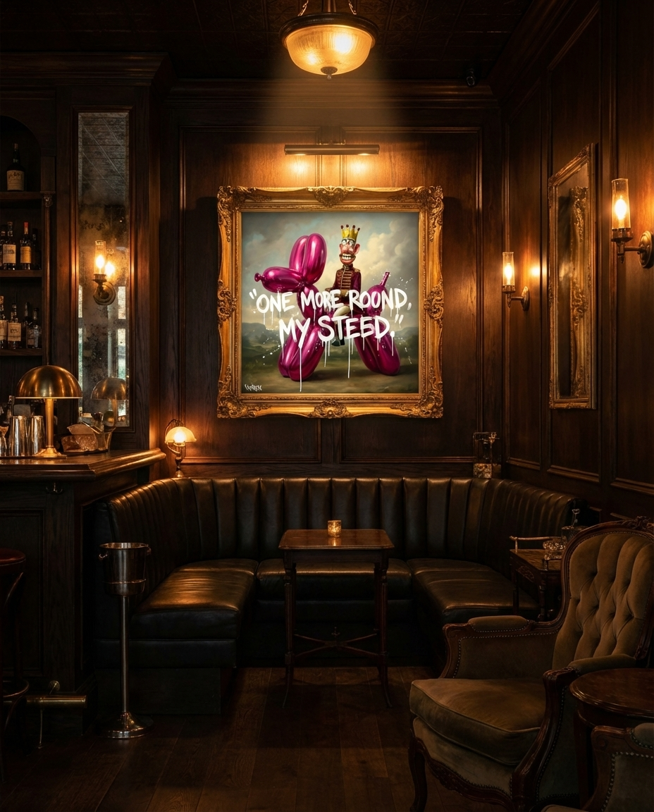 One More Round My Steed canvas print by Henrix styled above home bar with bottles and wood cabinetry