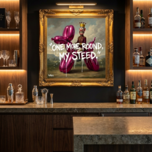 One More Round My Steed canvas print by Henrix featuring King Draymor on balloon dog in luxury bar setting