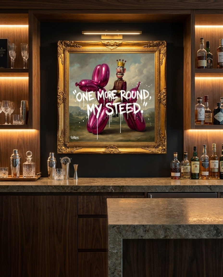 One More Round My Steed canvas print by Henrix featuring King Draymor on balloon dog in luxury bar setting