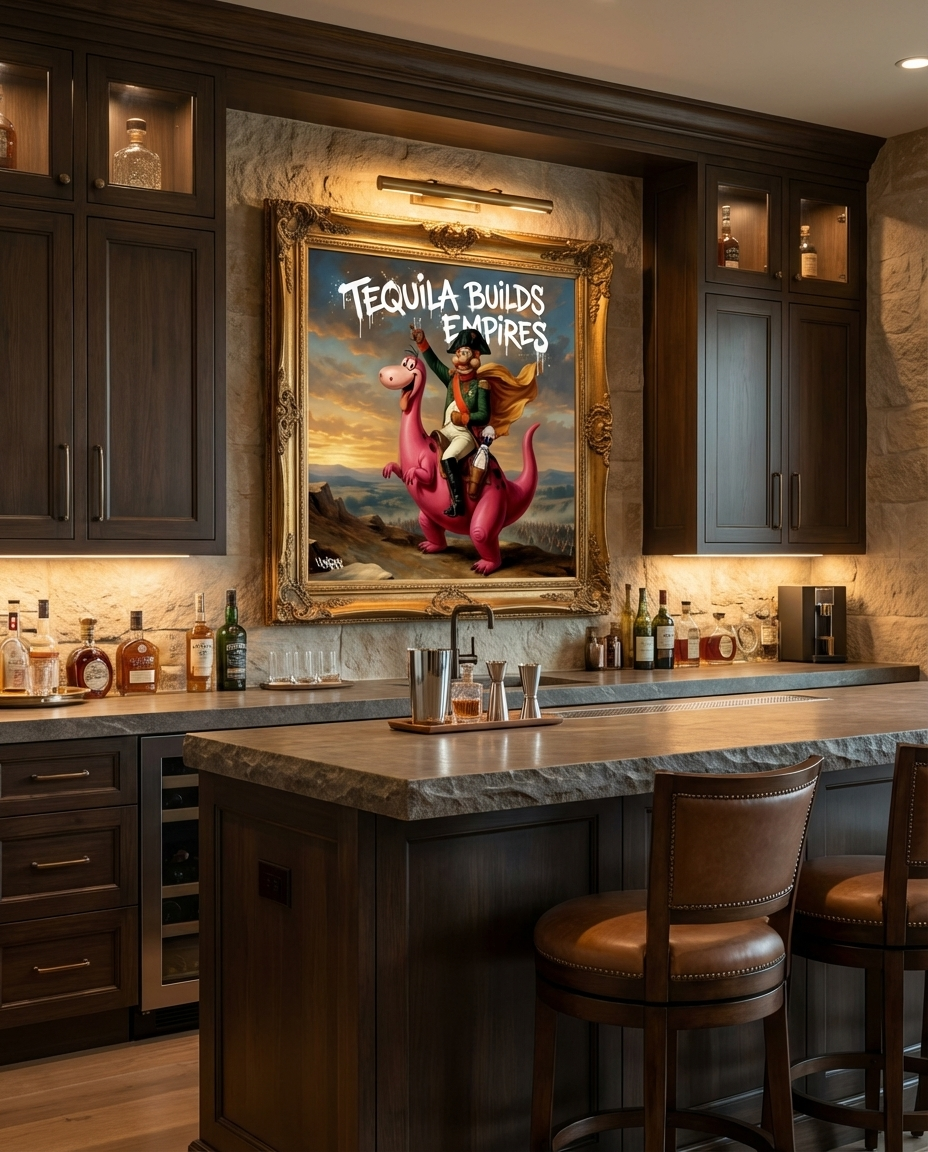 Tequila Builds Empires canvas print by Henrix – displayed in upscale bar interior with warm wood cabinetry and dramatic lighting