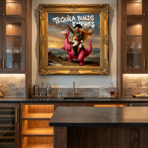 Tequila Builds Empires canvas print by Henrix – styled above luxury home bar with ornate frame and bold mutant artwork