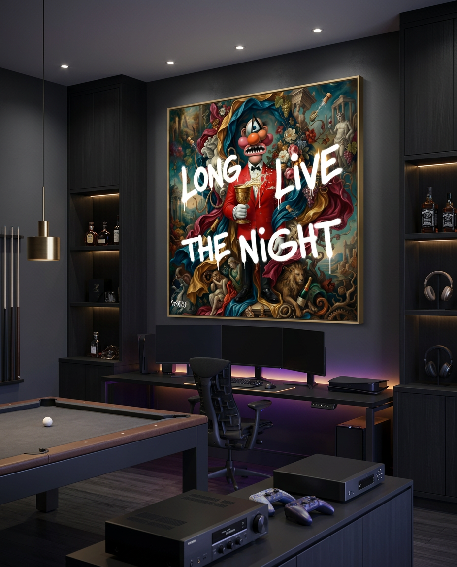 Long Live The Night canvas print by Henrix part of Mutants series displayed in nightlife environment