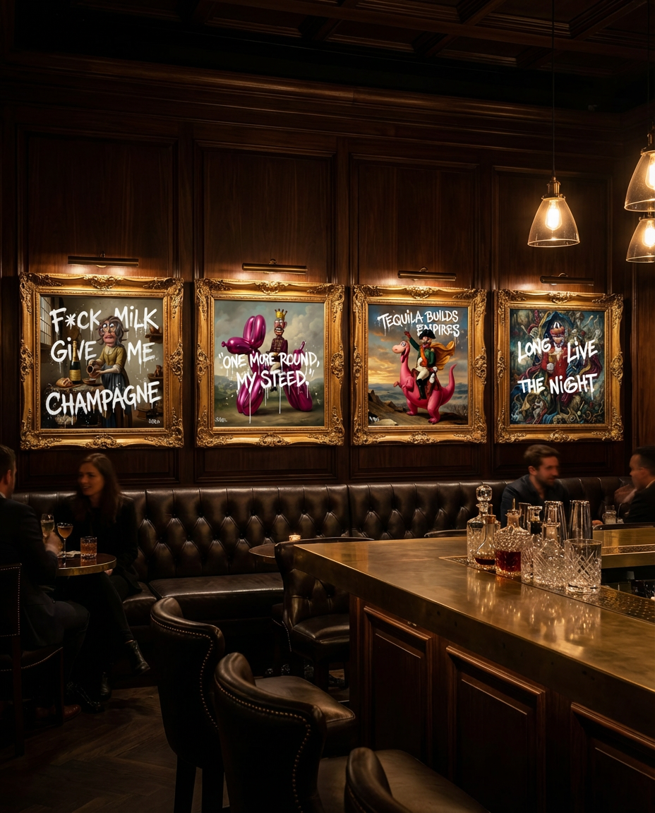 Tequila Builds Empires canvas print by Henrix – framed pop Renaissance artwork displayed in dark hospitality interior