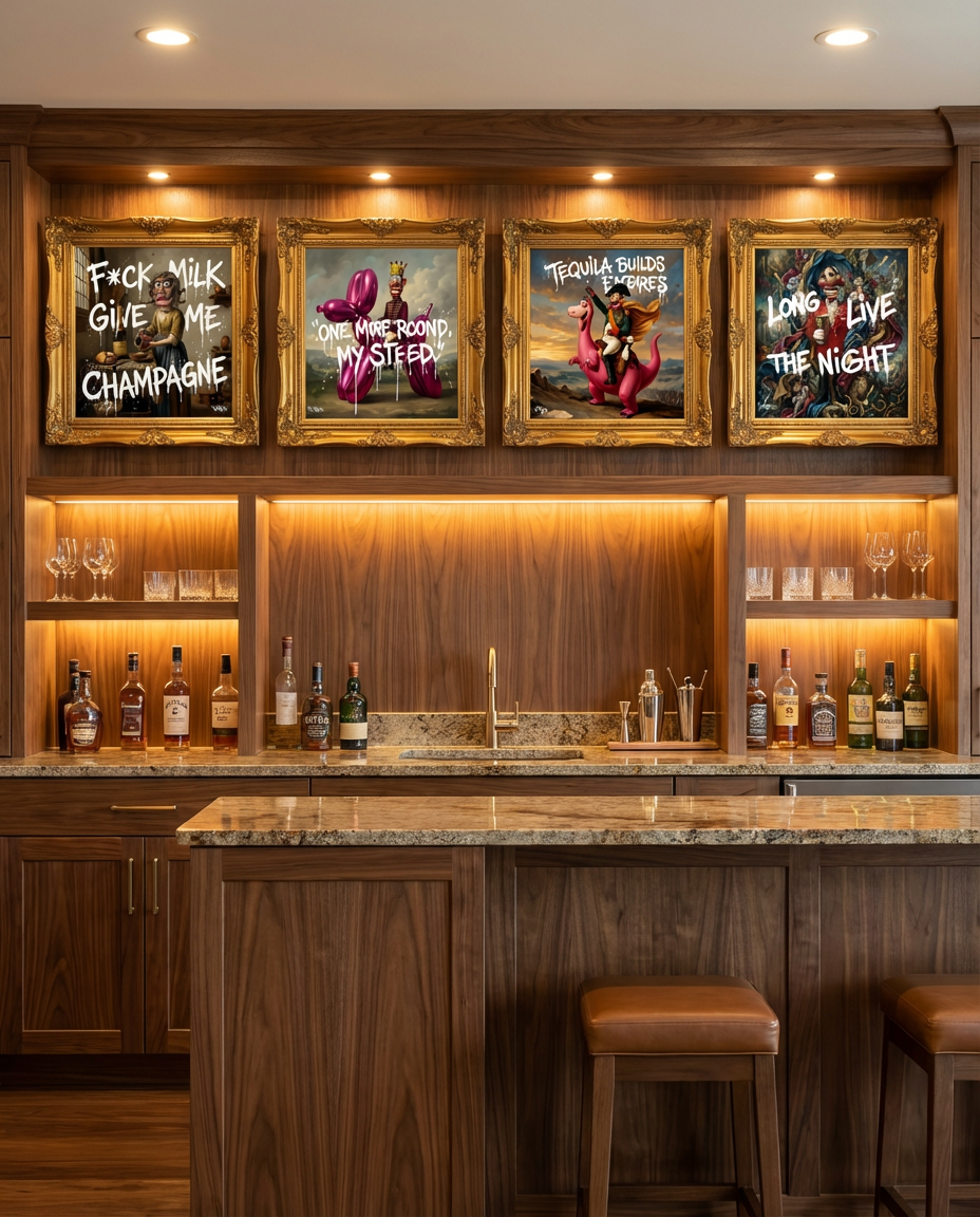 Long Live The Night canvas print by Henrix styled above modern home bar with wood cabinetry