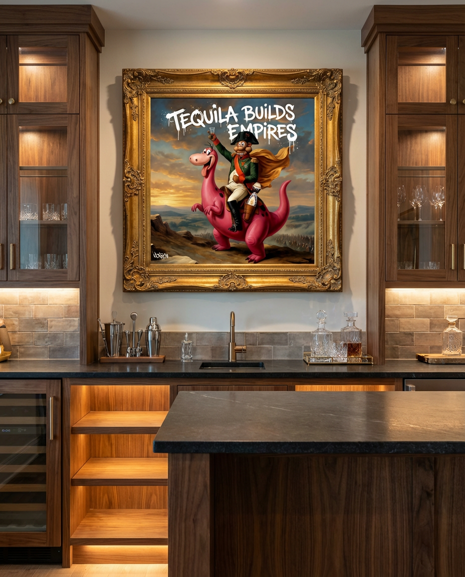 Tequila Builds Empires canvas print by Henrix – styled above luxury home bar with ornate frame and bold mutant artwork