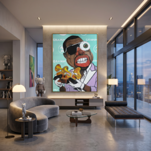 Late Registration canvas print by Miami contemporary and pop artist Henrix featuring Kanye West holding Grammy awards
