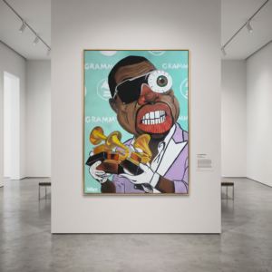 Late Registration original painting by Miami contemporary and pop artist Henrix featuring Kanye West holding Grammy awards