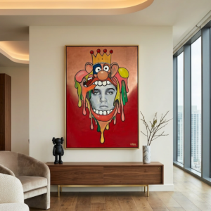 Watch The Throne canvas print by Henrix featuring Elvis Presley and King Draymore displayed in a luxury Miami penthouse living room