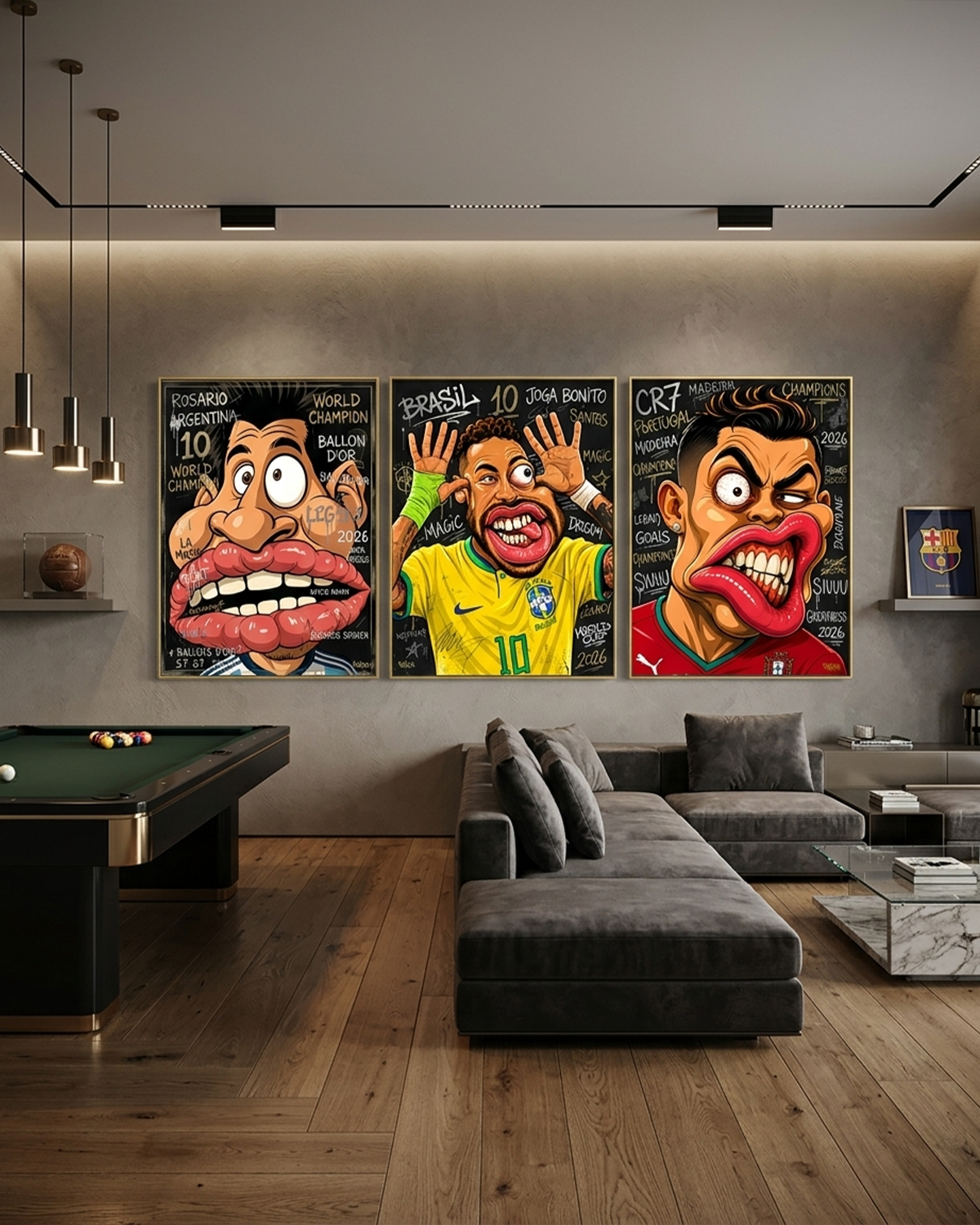 Cristiano Ronaldo CR7 canvas print displayed with Messi and Neymar Jr in The Last Dance trio collection, hung in a modern game room with a pool table and gray sectional sofa