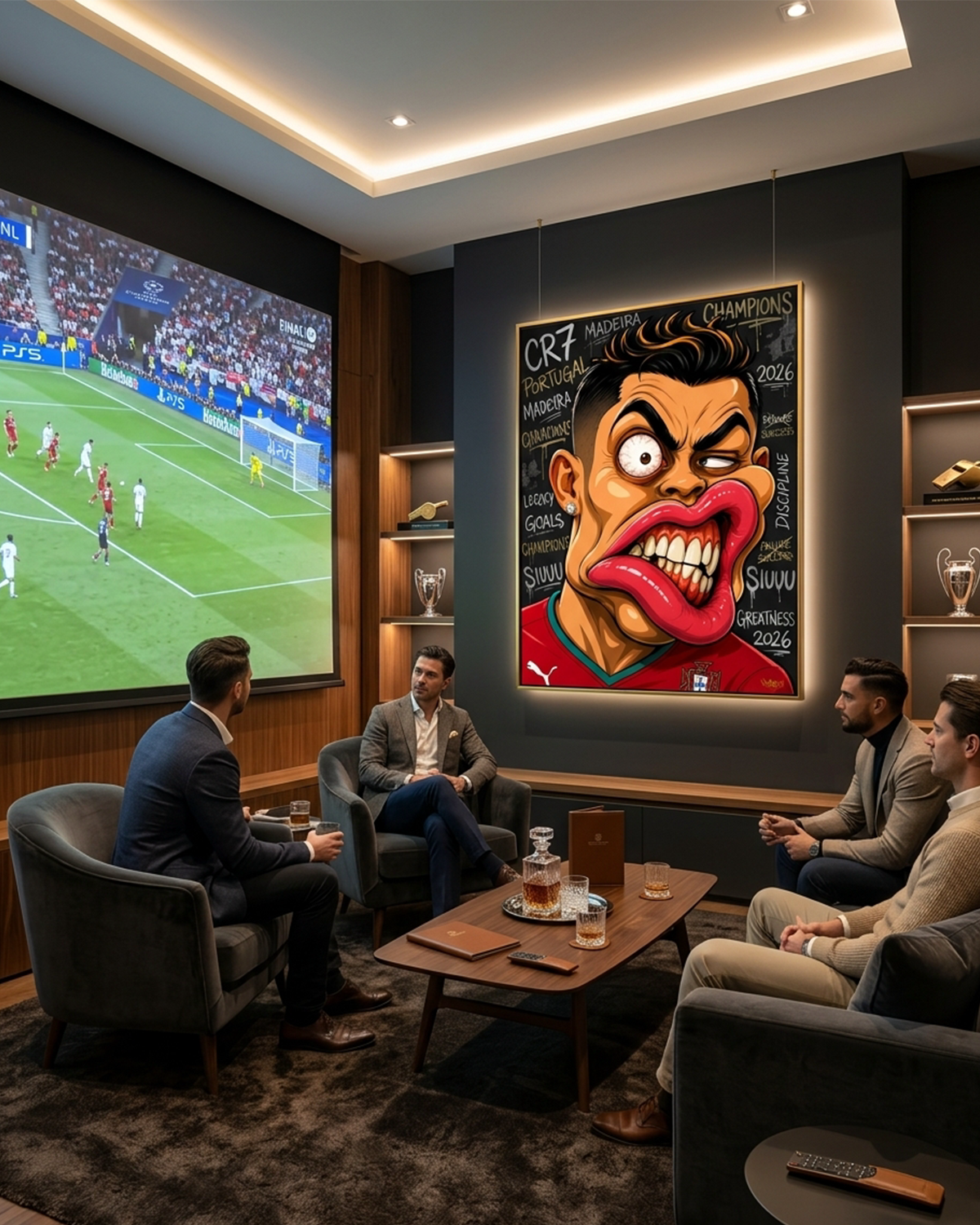 Cristiano Ronaldo CR7 canvas print by Henrix hung in a luxury home theater with a big screen Champions League match, trophy display, and friends watching from gray velvet chairs