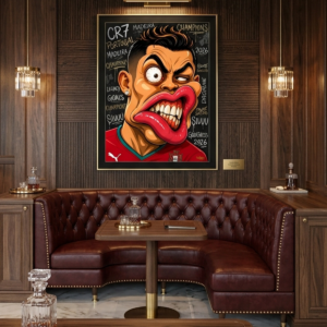 Cristiano Ronaldo CR7 canvas print by Henrix hung in a luxury wood paneled lounge with crystal pendant lighting, a leather booth, and a marble bar