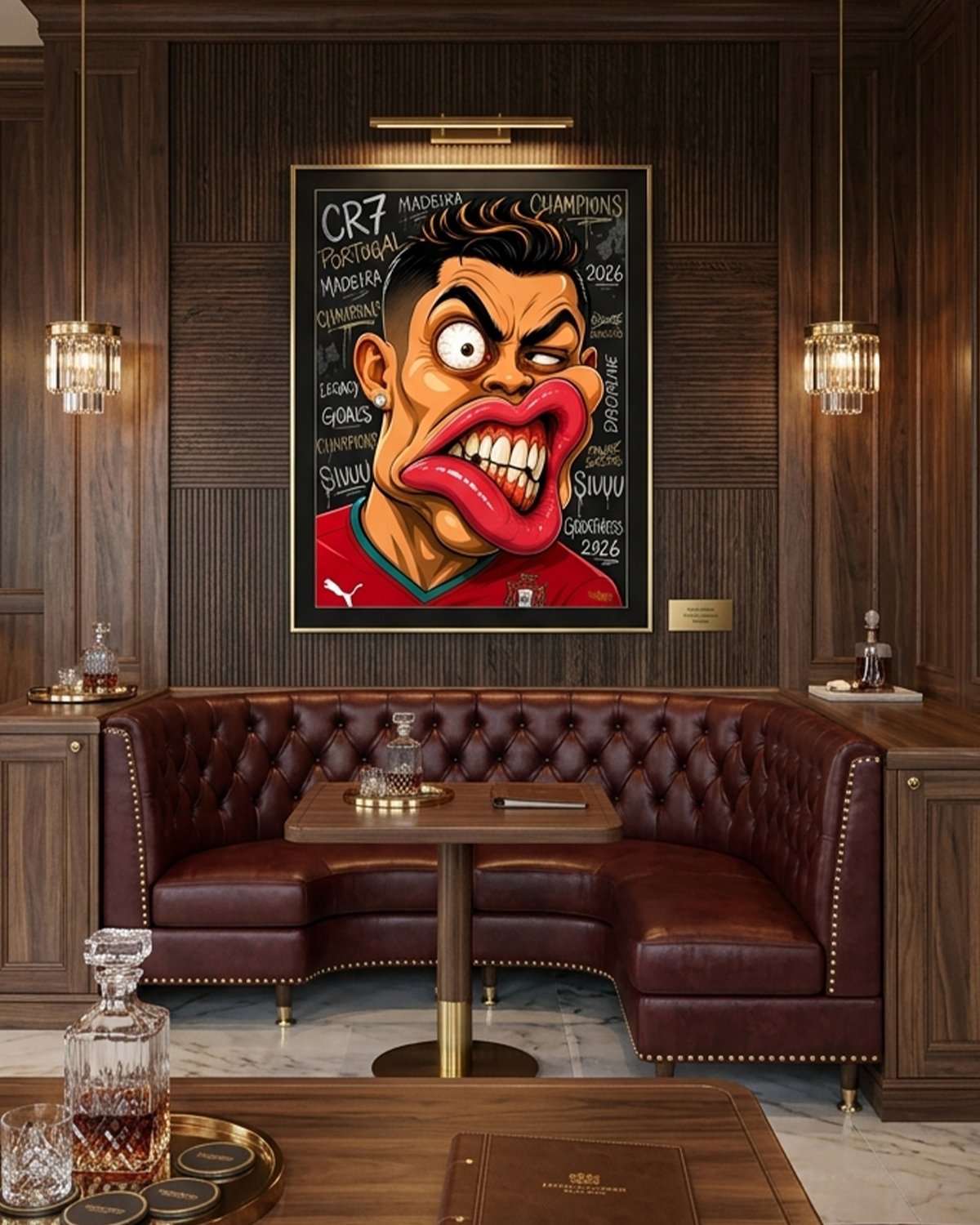 Cristiano Ronaldo CR7 canvas print by Henrix hung in a luxury wood paneled lounge with crystal pendant lighting, a leather booth, and a marble bar