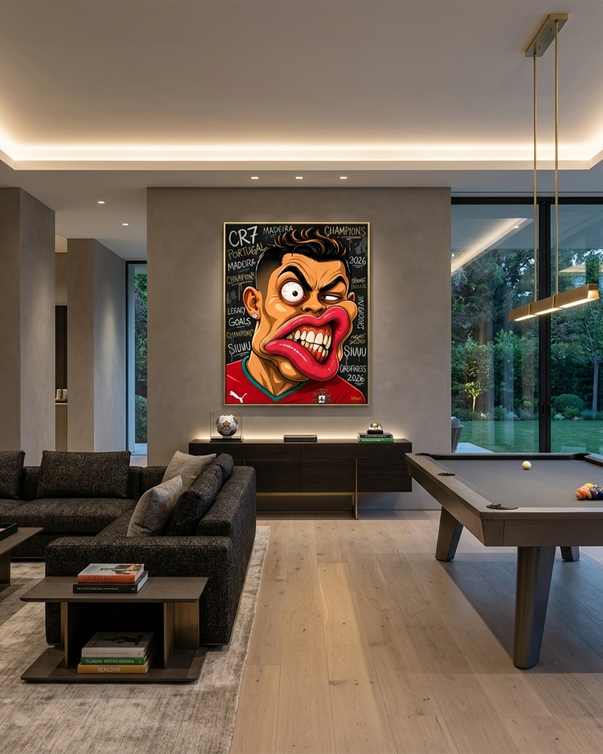 Cristiano Ronaldo CR7 canvas print by Henrix displayed in a modern game room with a pool table, signed ball, and a dark gray sofa with garden views