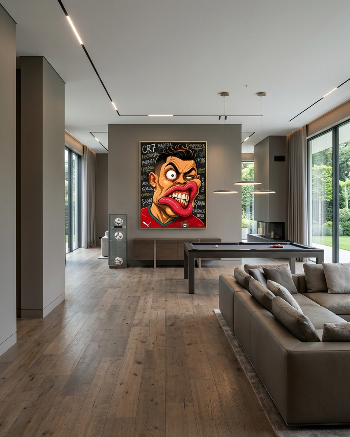 Cristiano Ronaldo CR7 canvas print by Henrix hung in a bright modern living room with a pool table, signed ball display, and a gray sectional sofa