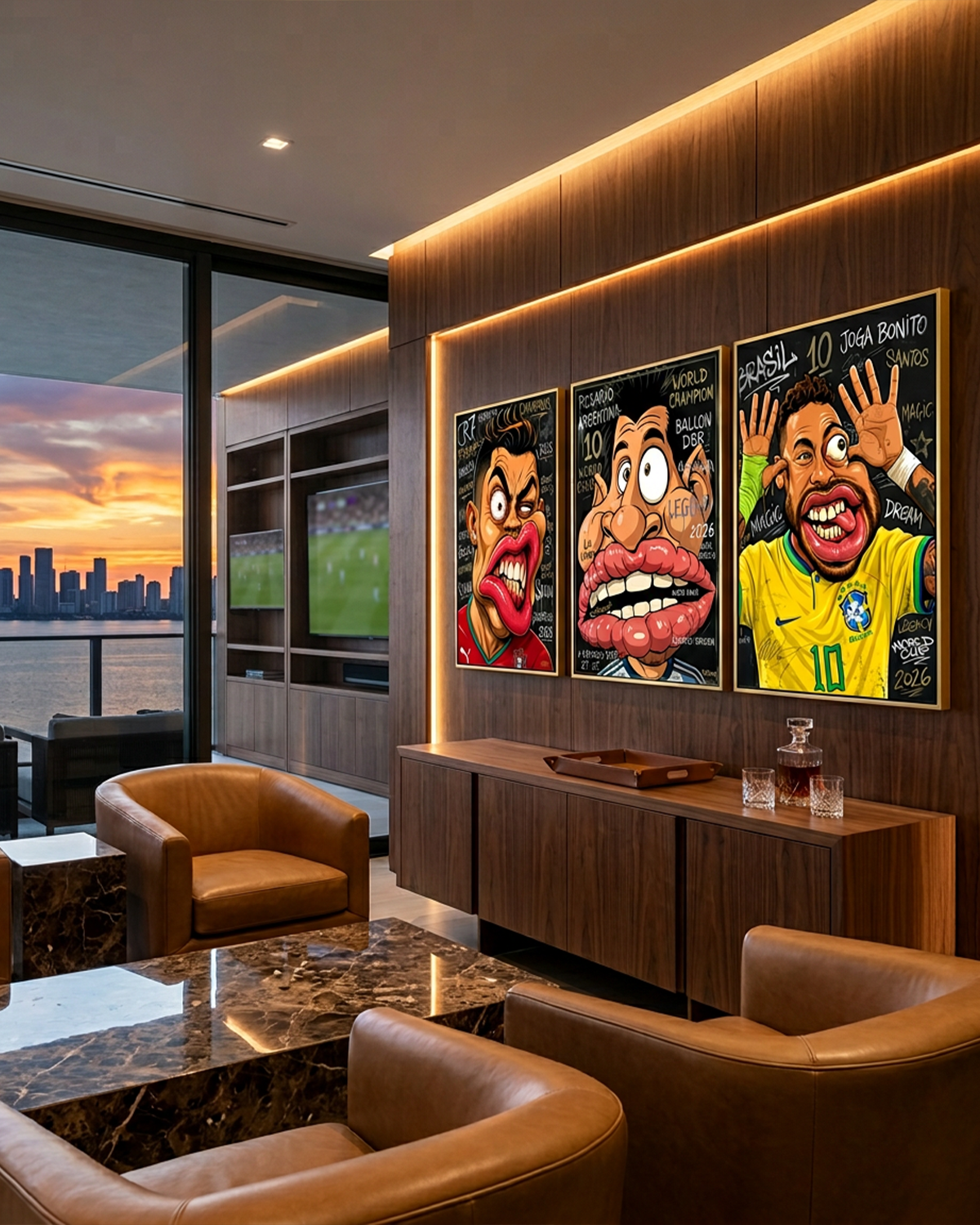 Cristiano Ronaldo CR7 canvas print displayed alongside Messi and Neymar Jr in The Last Dance trio collection, hung in a luxury wood paneled lounge with sunset city views