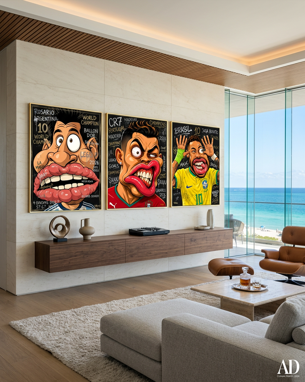 Messi canvas print shown with Cristiano Ronaldo and Neymar Jr in The Last Dance trio, hung in an oceanfront Miami luxury home with beach views and a tan leather lounge chair
