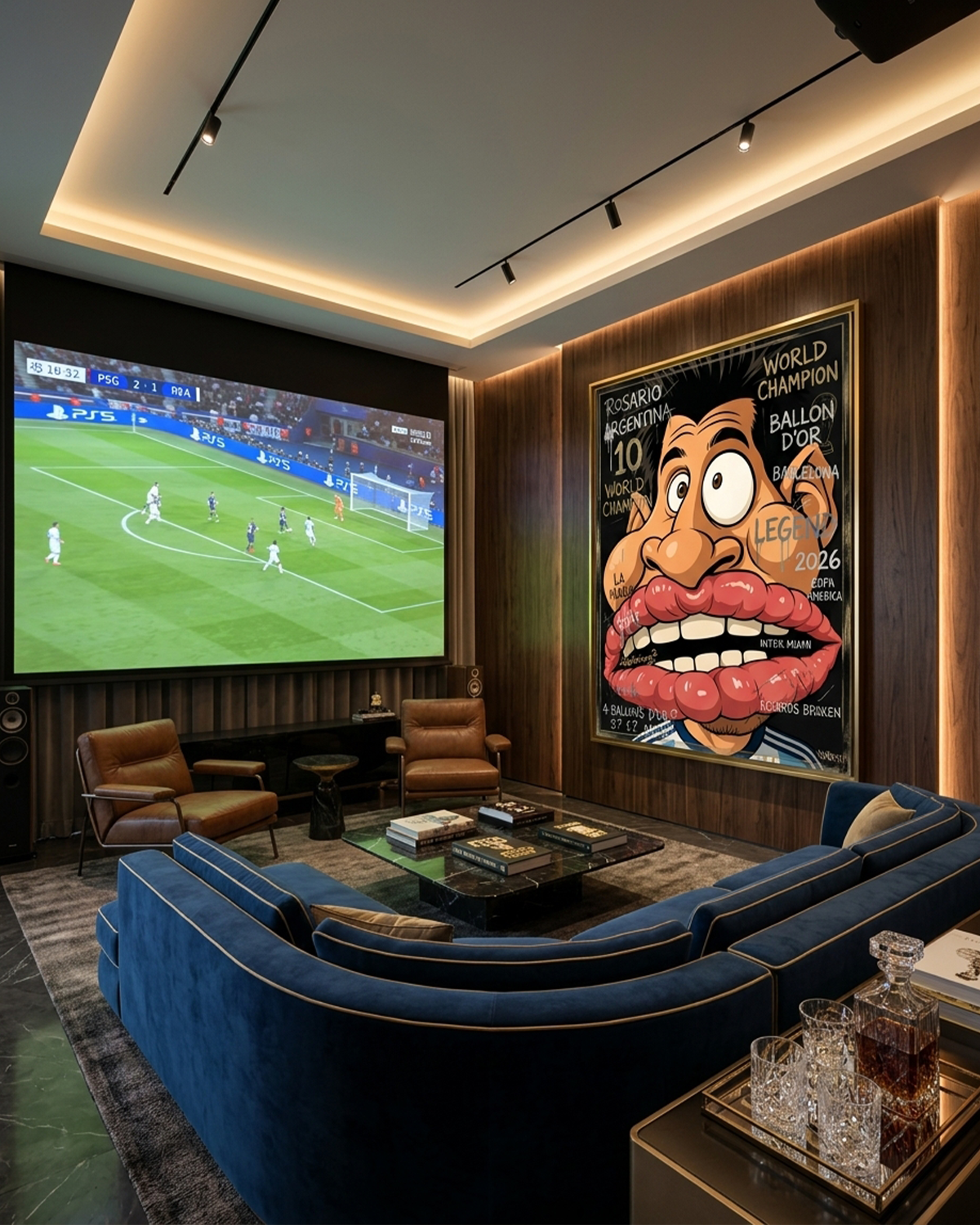 Messi canvas print by Henrix hung in a home theater with a big screen match, blue velvet sectional, and walnut paneling for World Cup 2026 watch parties