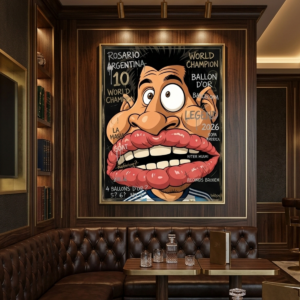 Messi canvas print by Henrix hung in a luxury wood paneled lounge with brown leather Chesterfield booths, a marble bar, and gold accent lighting