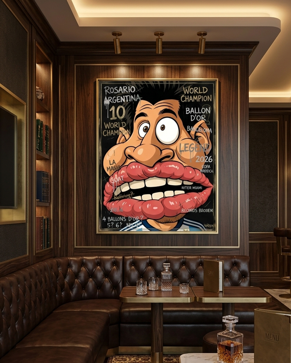 Messi canvas print by Henrix hung in a luxury wood paneled lounge with brown leather Chesterfield booths, a marble bar, and gold accent lighting