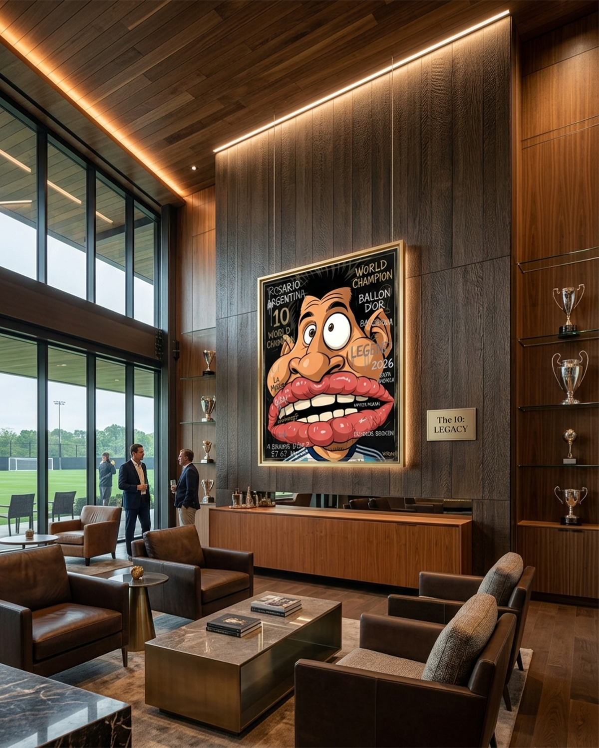 Messi canvas print by Henrix hung in a modern clubhouse lounge beside The 10 Legacy plaque, with trophy shelves and pitch views through floor to ceiling windows
