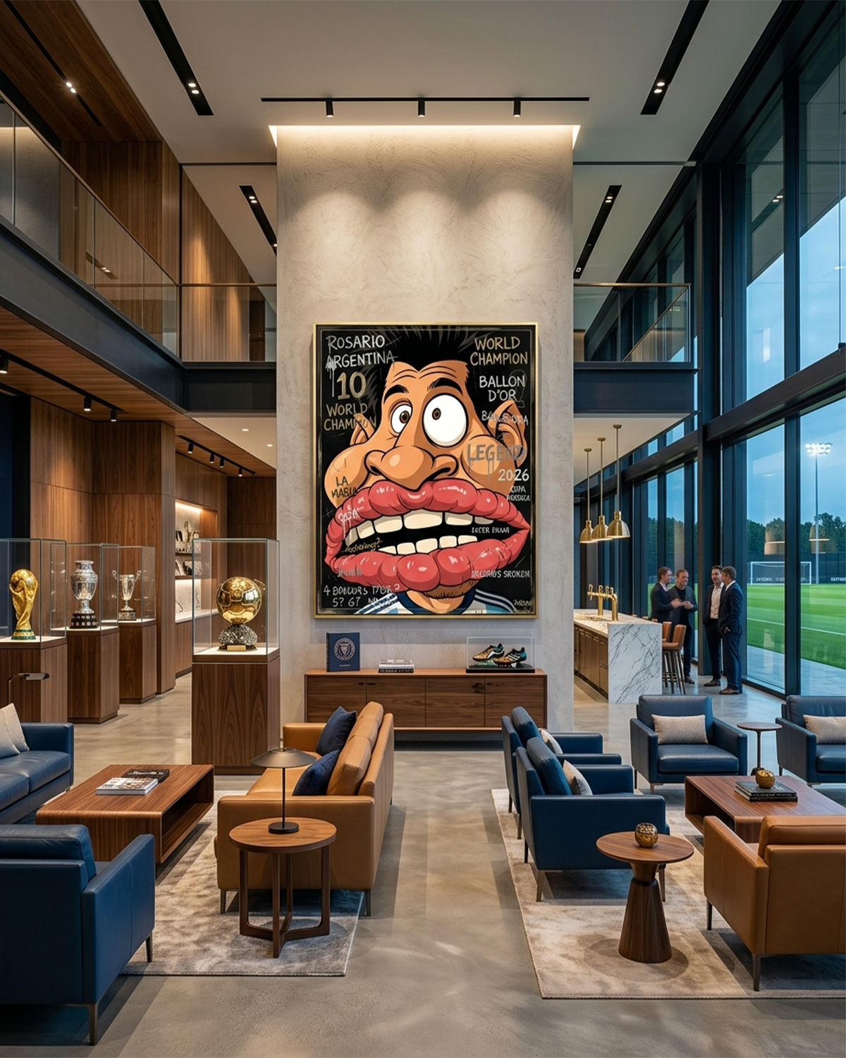 Messi canvas print by Henrix displayed in a luxury trophy hall with World Cup and Ballon d'Or replicas, glass display cases, and pitch views