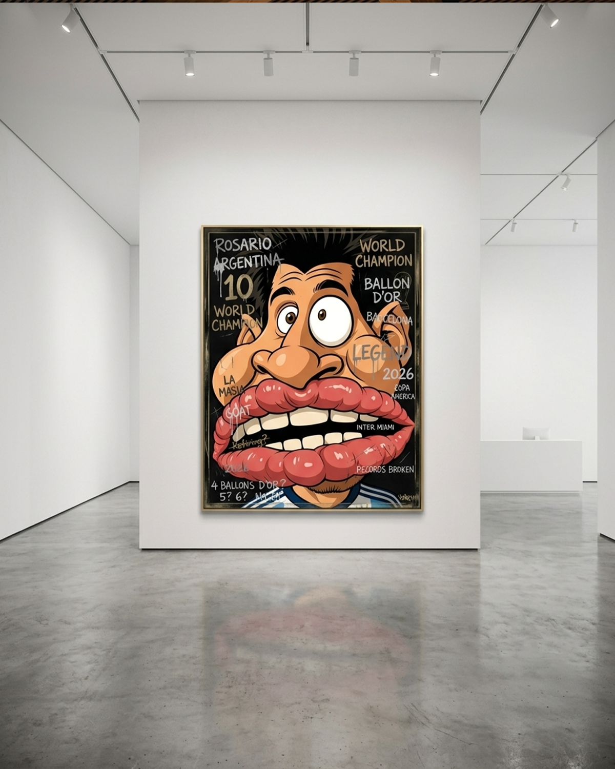 Messi canvas print by Henrix displayed solo on a clean white gallery wall with track lighting and polished concrete floors