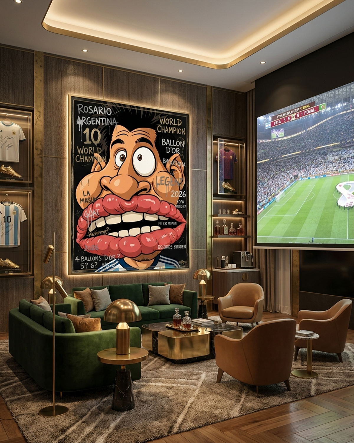 Messi canvas print by Henrix displayed in a luxury fan cave with framed Argentina jerseys, a big screen World Cup match, and a green velvet sofa