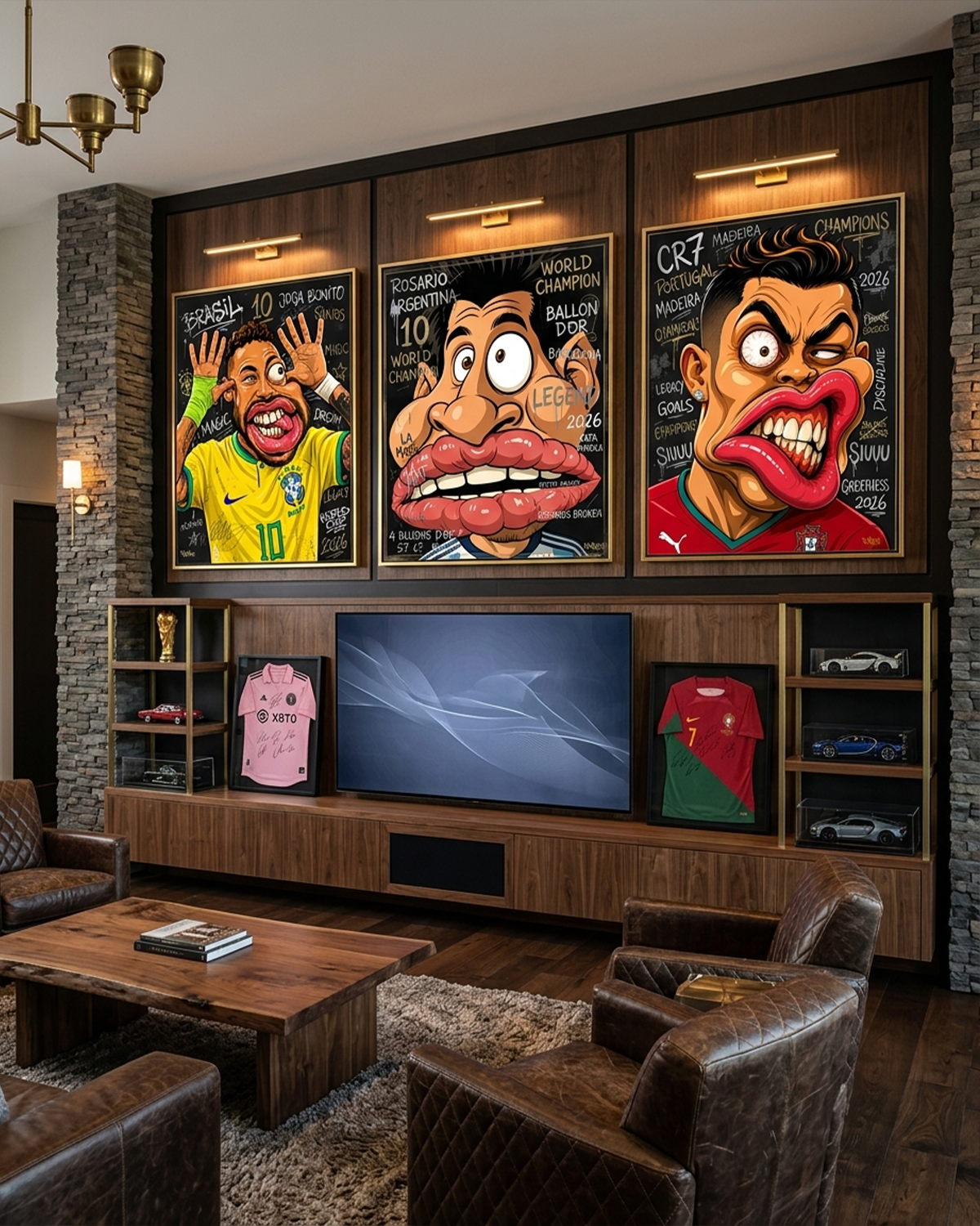Messi canvas print displayed with Cristiano Ronaldo and Neymar Jr in The Last Dance trio, hung in a soccer collector room with framed jerseys, World Cup trophy, and signed memorabilia
