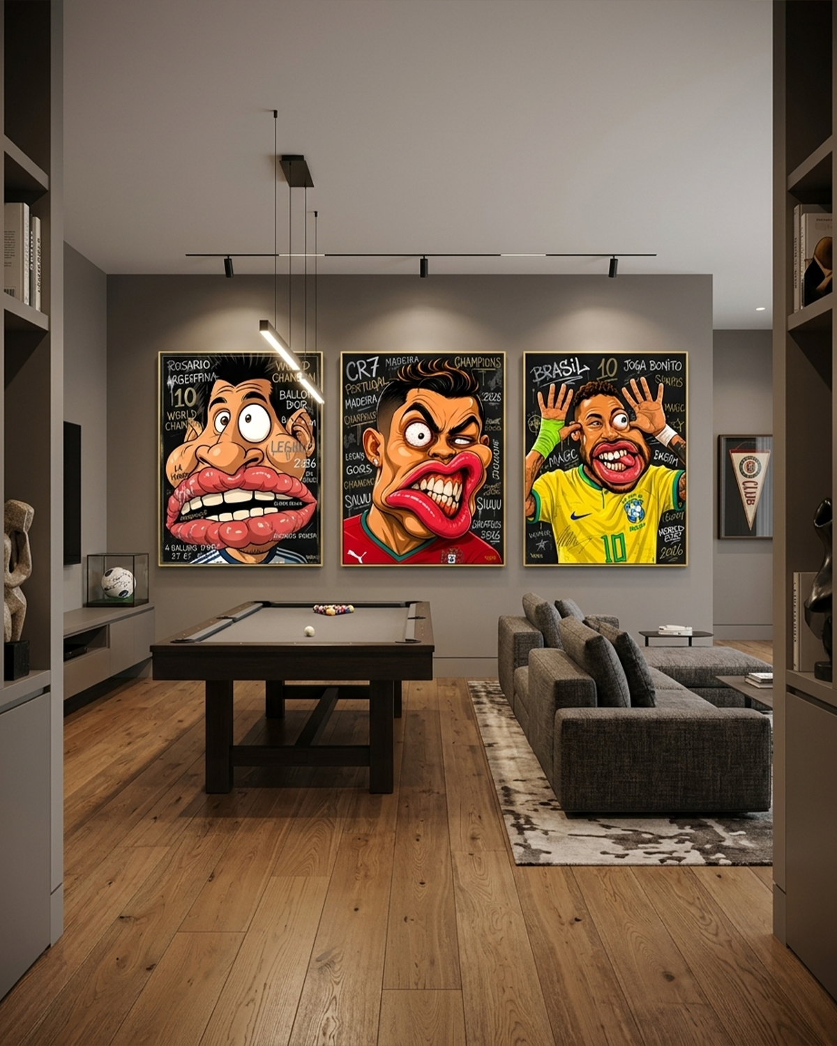 Messi canvas print shown with Cristiano Ronaldo and Neymar Jr in The Last Dance trio collection, hung in a modern game room with a pool table and gray sofa